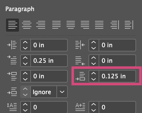 paragraph options with spacing changed to 0.125