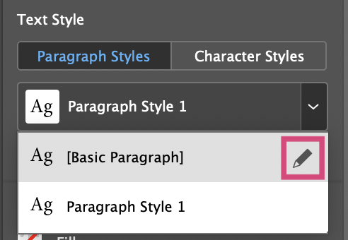 edit option within the paragraph styles menu