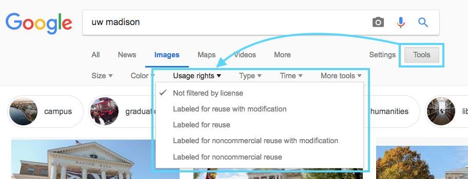 Screenshot showing the Usage Rights options in the Google Image Search interface