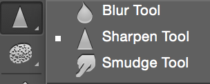 Image of the Shapen Tool, Blur Tool and Smudge Tool in the Tools Panel