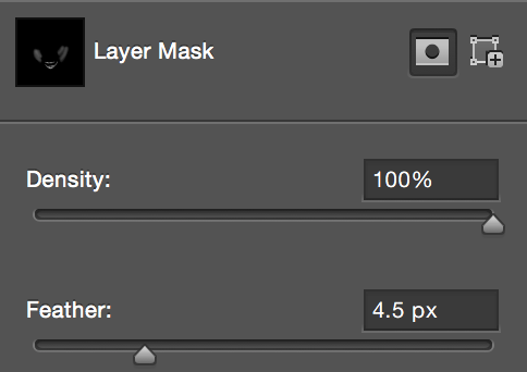 Image shows Layer Mask Panel with Density=100% and Feather=4.5 px.