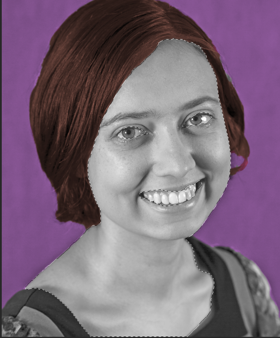 The once black and white portrait has a purple background and the hair is brown
