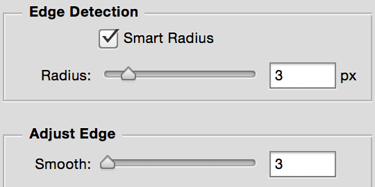 Settings: Smart Radius is selected; Radius = 3 px; and Smooth = 3