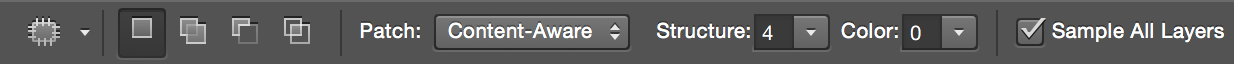 Option Menu bar settings: Select Content-Aware; Structure = 4, Color = 0, and Sample All Layers is selected.