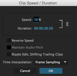 Clip Speed and Duration menu with speed at 50%