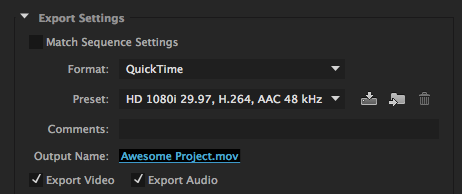 Export Settings menu with a Format of QuickTime 