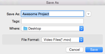 Save As dialog box with the project name of 