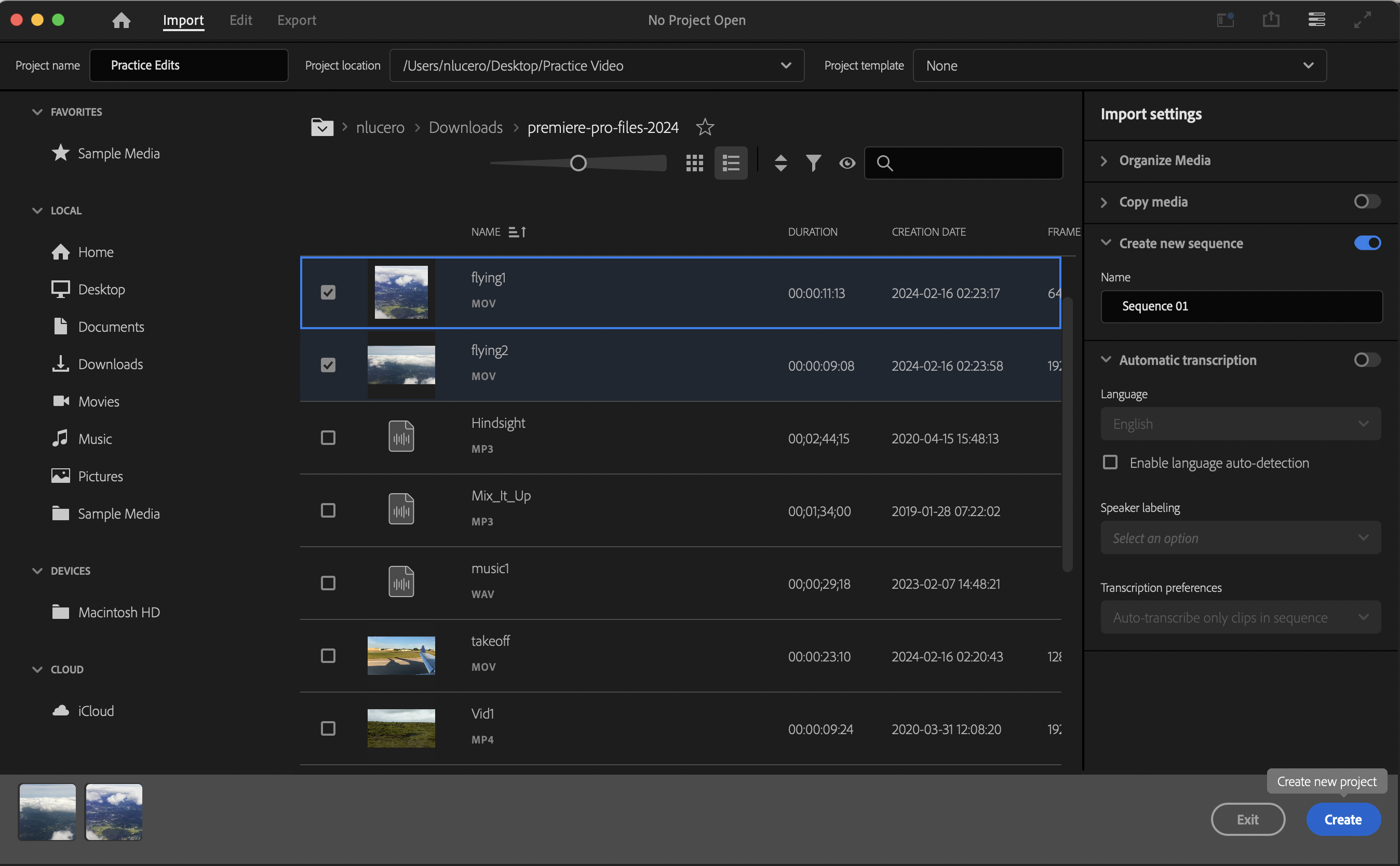 screenshot of import window with two videos selected