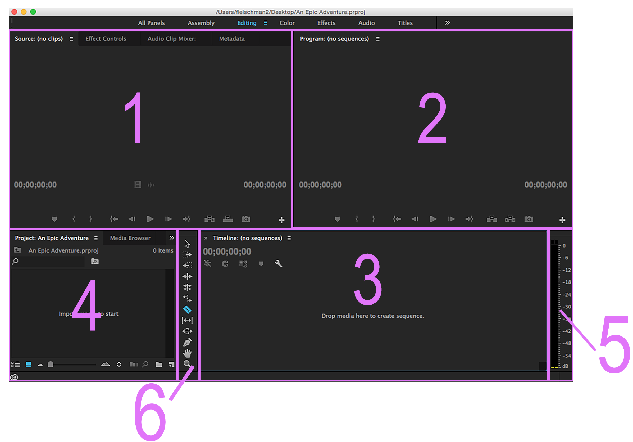 Premiere Interface with all 6 sections divided with purple outlines
