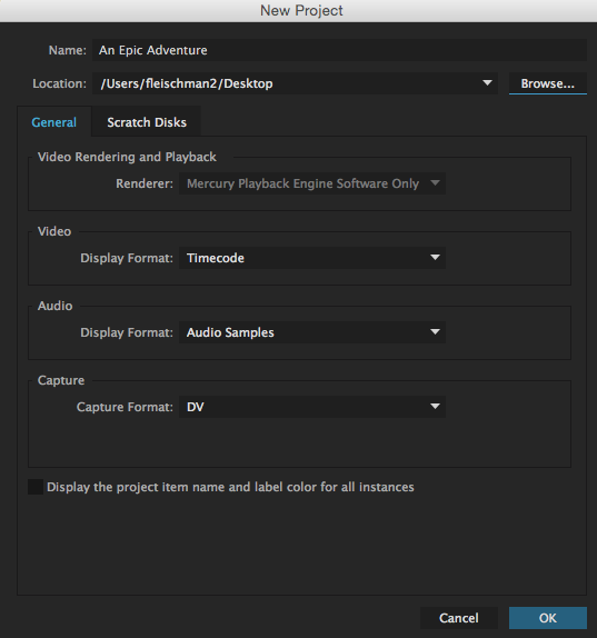 New Project settings dialog box