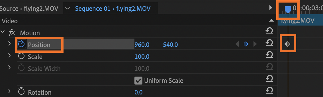 Effect control panel with marker and keyframe highlighted