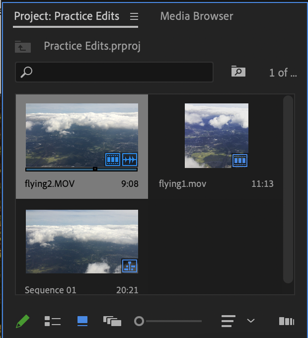 Project panel with imported media folders in icon view