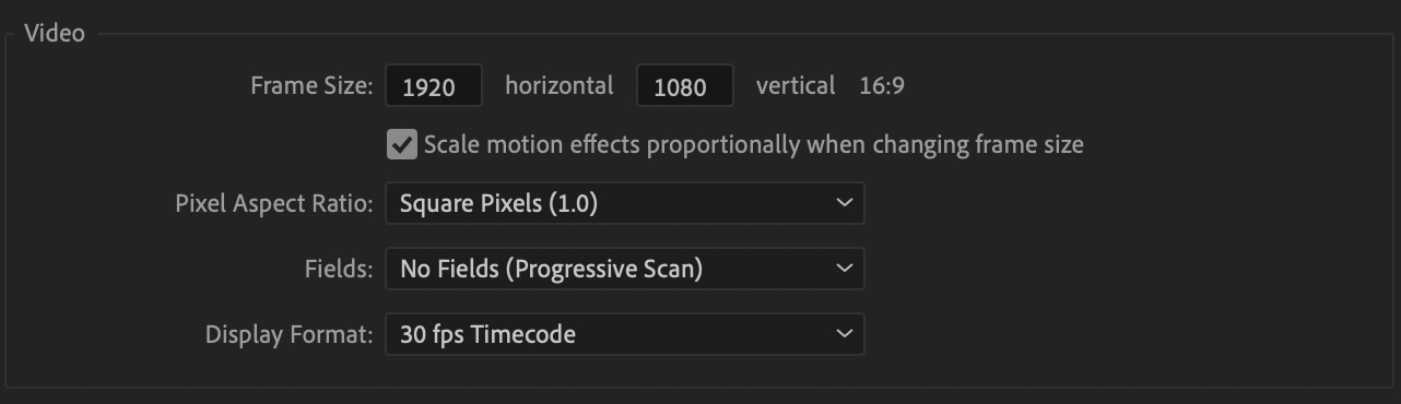 video section of the sequence settings showing video dimensions