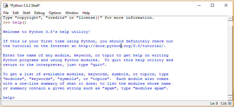 Screenshot of the Python help tool
