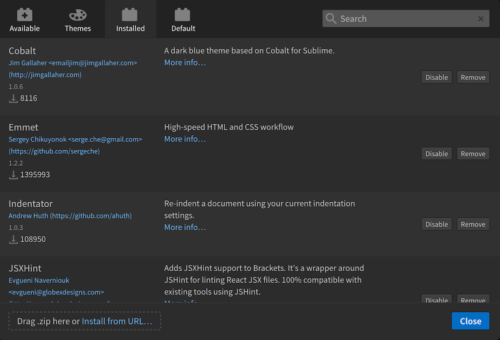 The Extensions window in Brackets