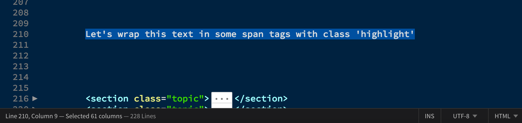A sentence of text highlighted in editor
