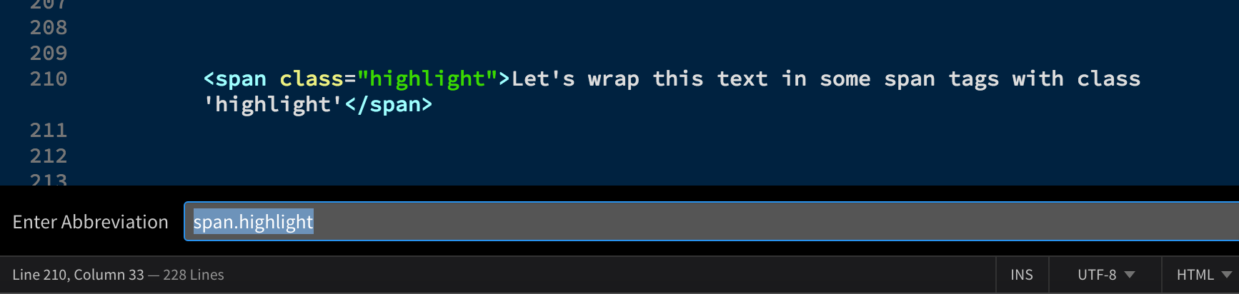 The same sentence now has span tags around it with the class of highlight