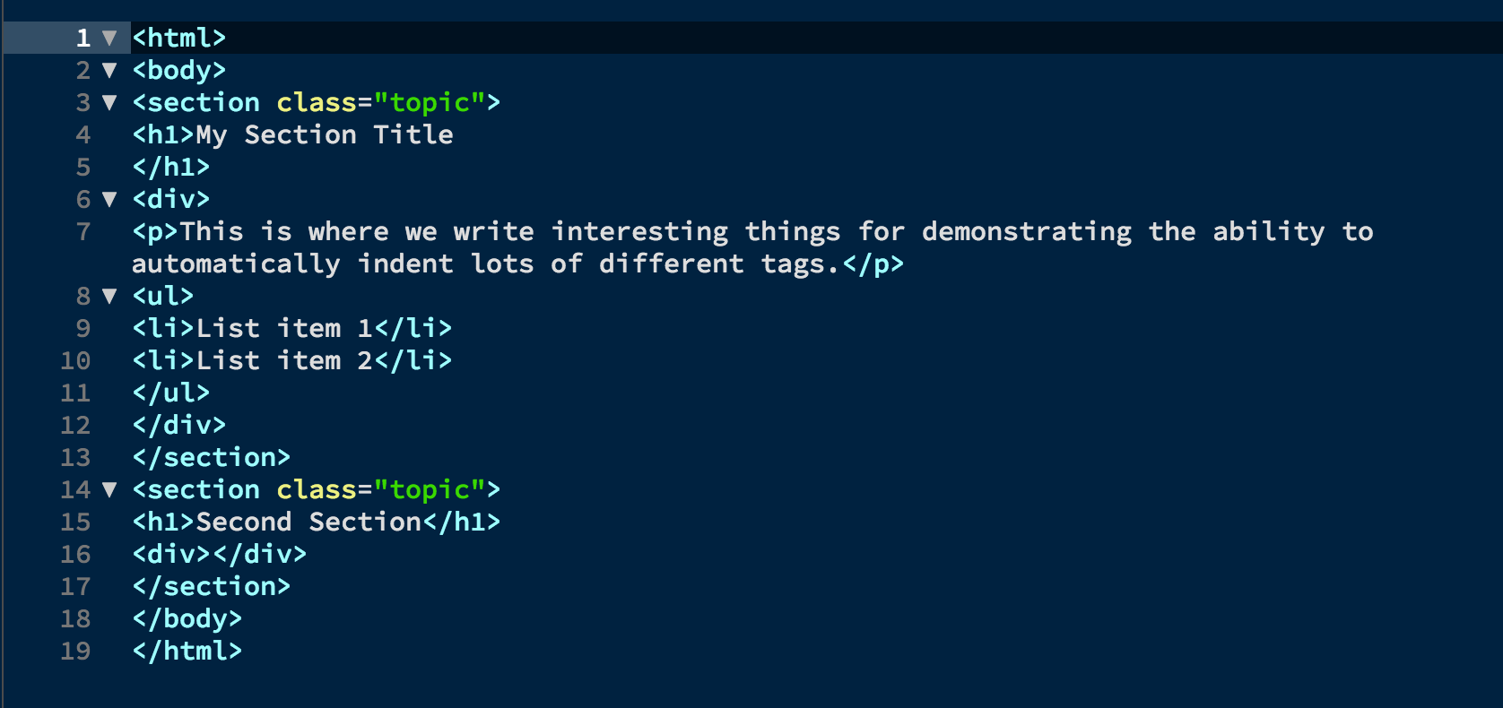Multiple HTML tags with no indentation applied