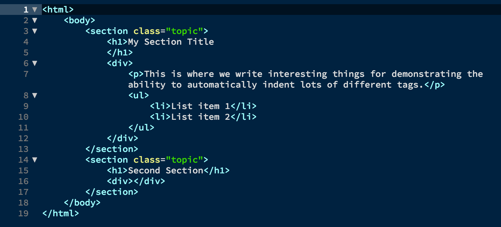 The same HTML tags with indentation automatically applied.