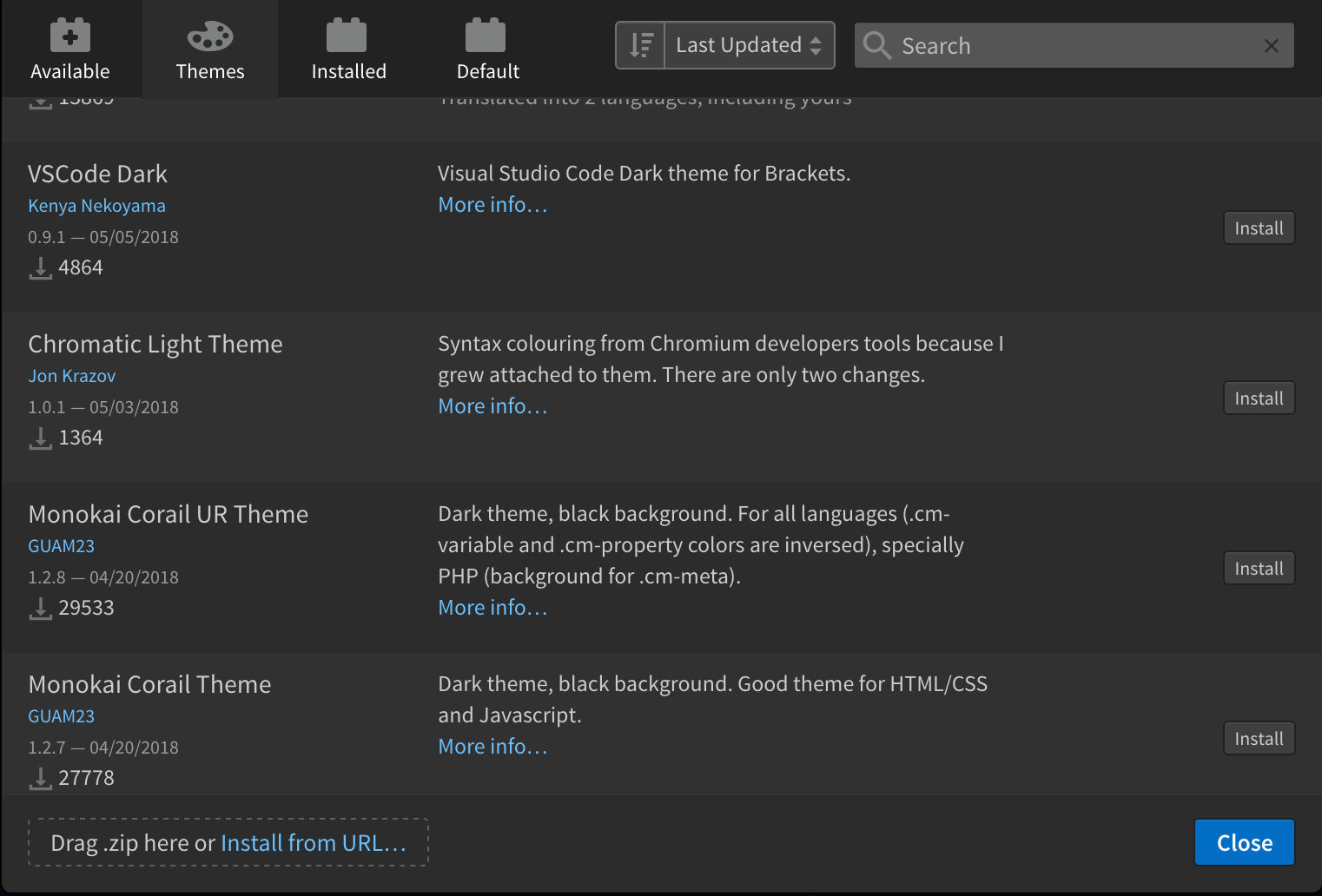 The Themes window in Brackets
