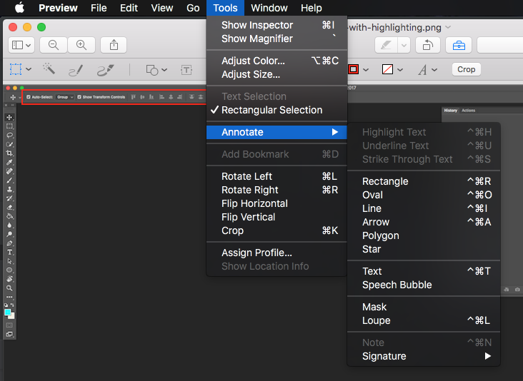 The Tools Annotate menu in Mac app Preview