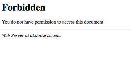 A screenshot showing the Forbidden error that appears when trying to log into Wordpress while off campus and not using the VPN