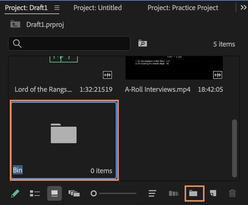 New Bin created within the Project Panel with the Bin Icon highlighted