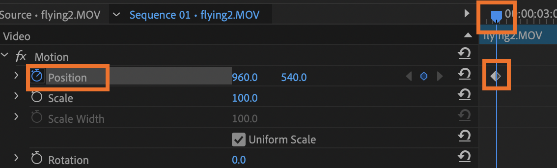 Effect Control Panel with blue marker and keyframe highlighted for the Position option
