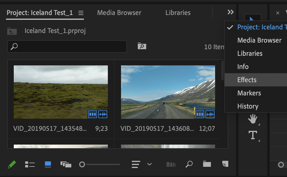 Extra menu from Project Panel revealing Effects