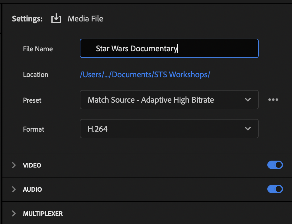 Export settings area to change file name, location, preset, and format