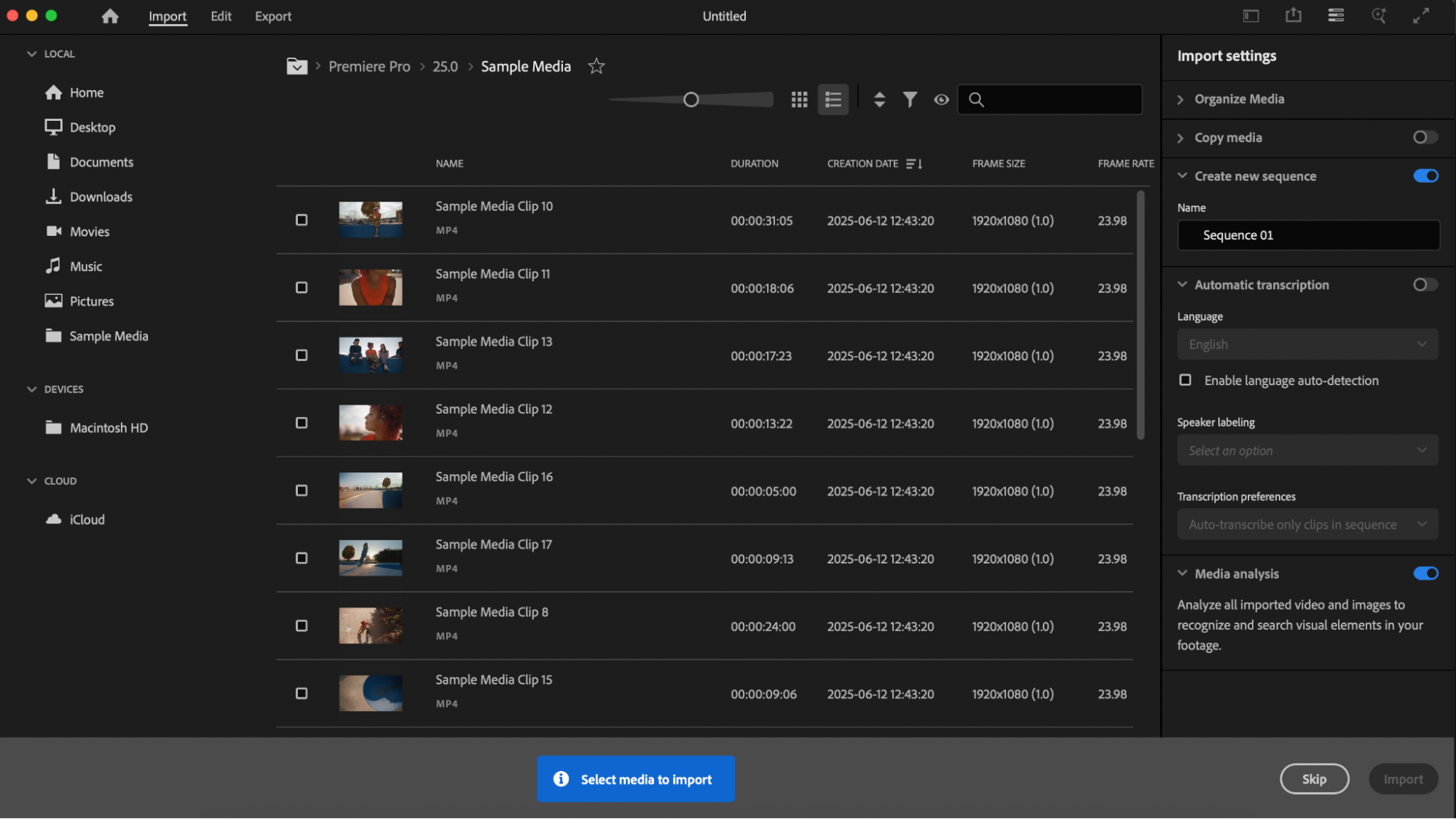 The import screen