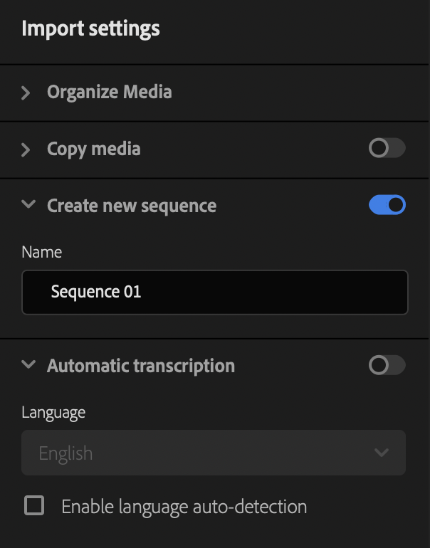 Import settings area within the import area
