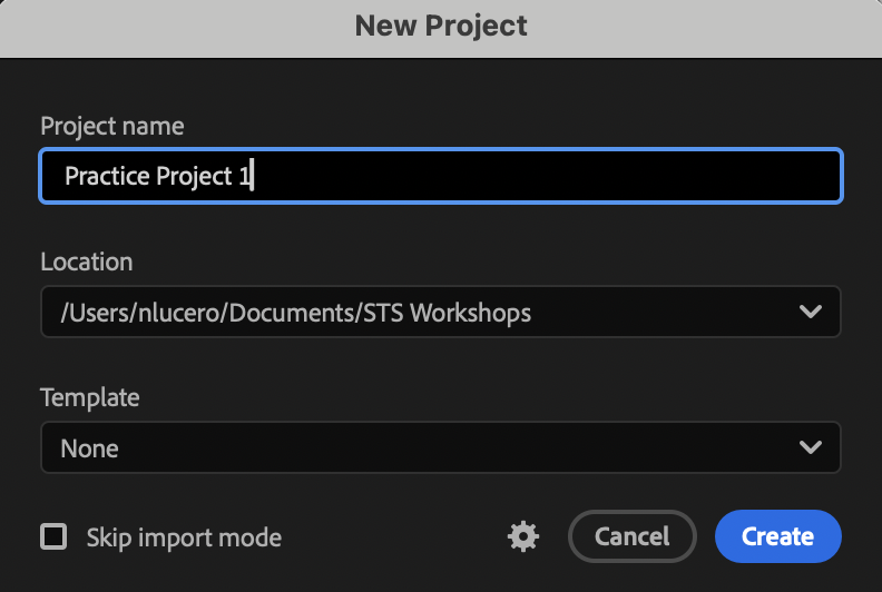 New project pop-up asking to provide project name and location