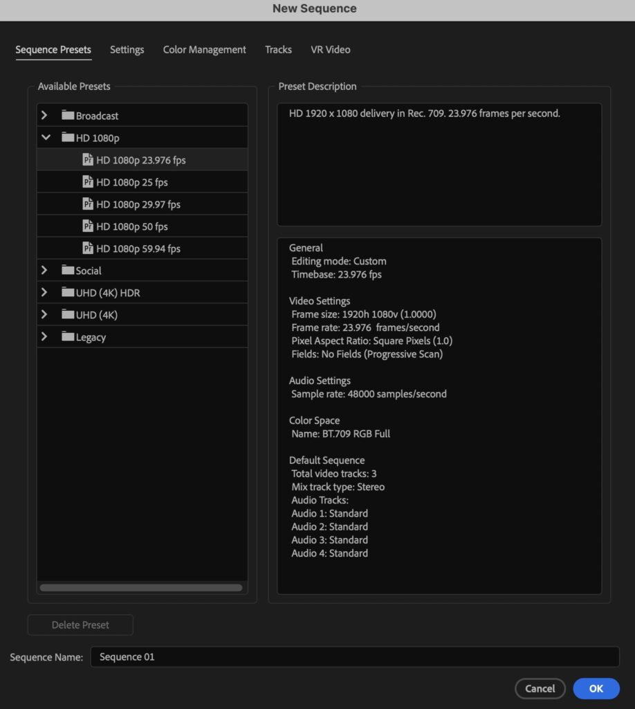 New Sequence preset options