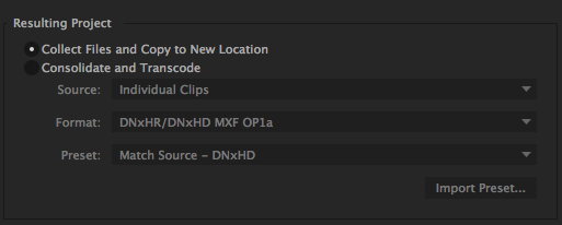 Project Manager dialog box close up with Collect Files and Copy to New Location option selected