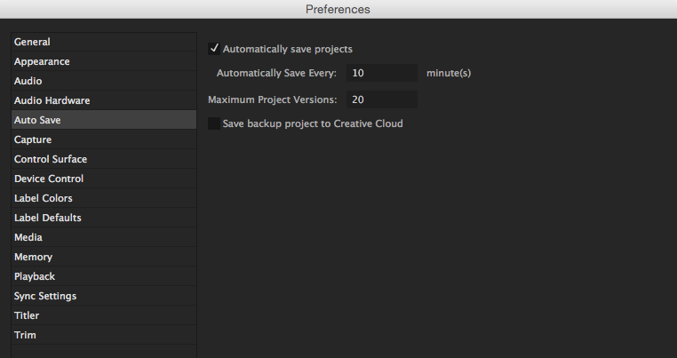 Auto Save options within the Preferences
