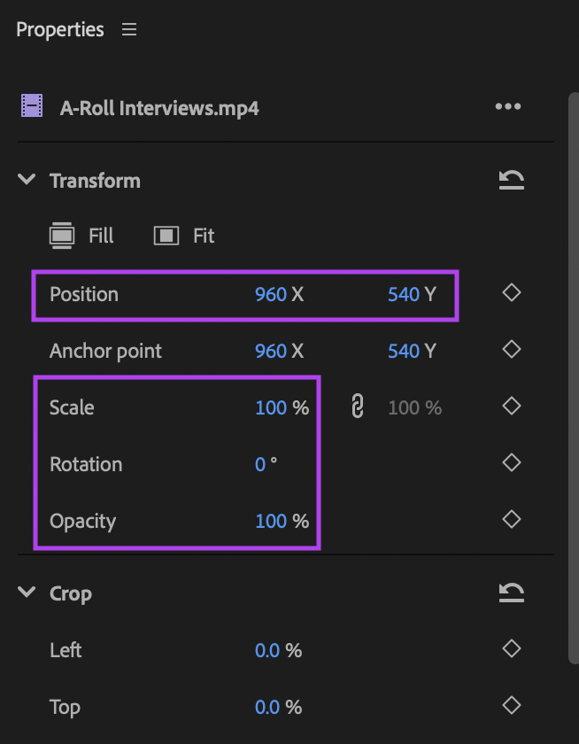 Properties Panel with the Position, Scale, and Rotation options highlighted