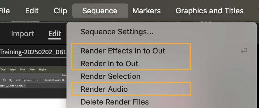 Sequence settings showing the various Render options