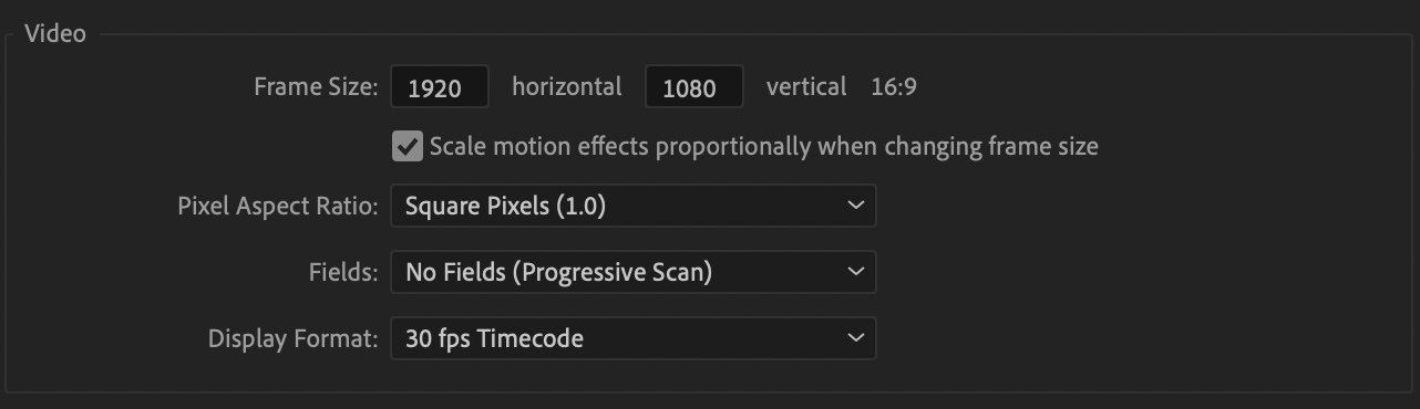 Video section of the sequence settings showing where to adjust the Frame Size