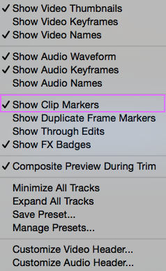 Source Monitor Settings menu items with Show Clip Markers checked and highlighted