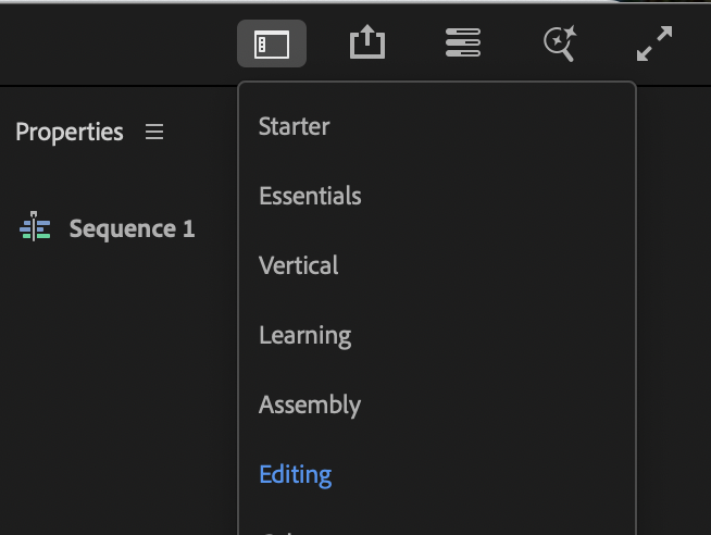 The workspaces icon clicked to show the various workspace options. Editing is selected.