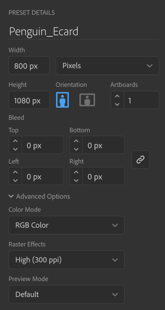 Popup window displaying preset document settings options