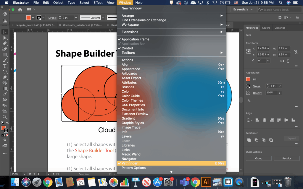 Adobe Illustrator interface showing the Window panel dropdown menu