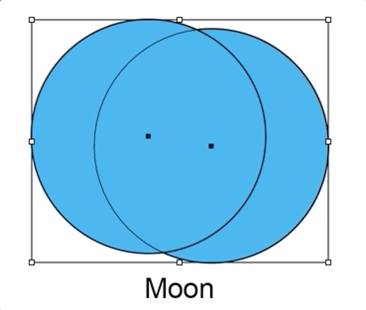Two blue circles together with the word Moon below it