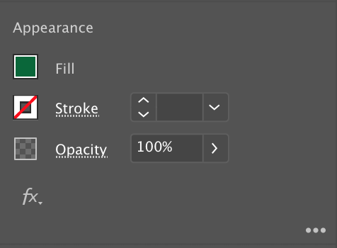 Appearance panel showing Fill, Stroke and Opacity