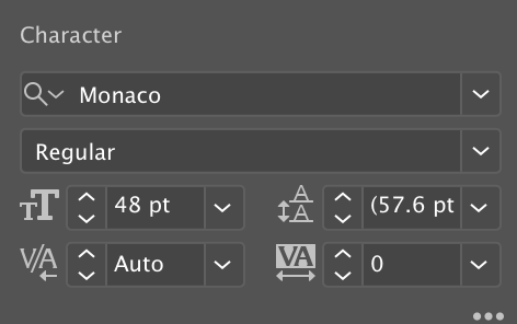 Character panel showing settings for Text aesthetics