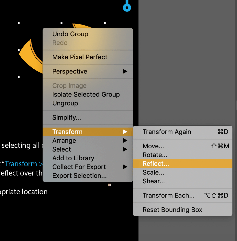 Yellow shapes with dropdown menu showing Transform > Reflect