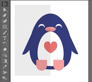 Animation of a cursor dragging from the upper left to select the penguin's body and light gray rectangle