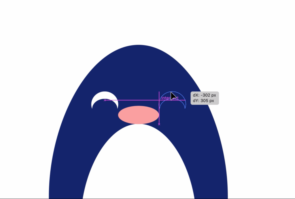 Penguin body with a small crescent white shape on the upper left and a small crescent outline shape on the upper right
