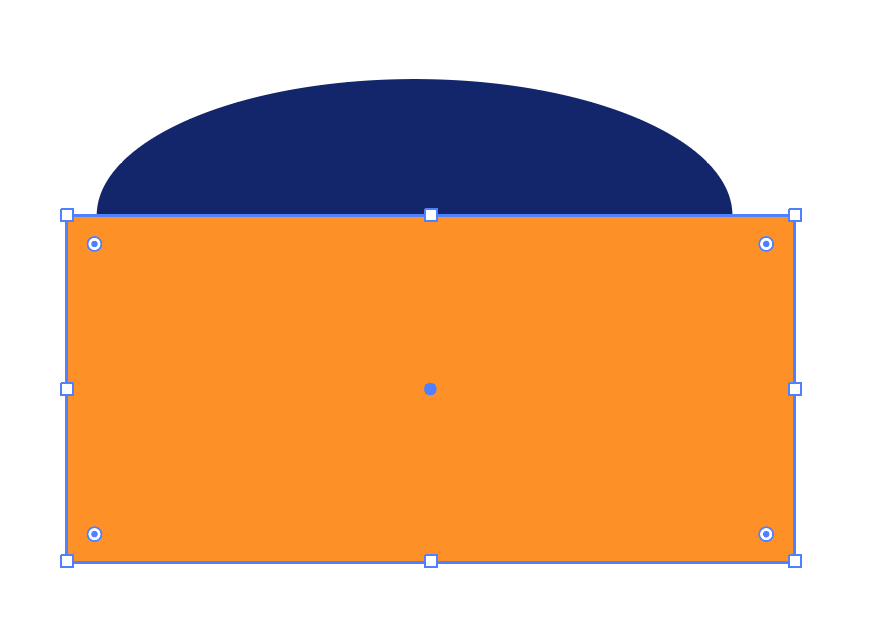 Wide dark blue oval shape with an orange rectangle on top of it